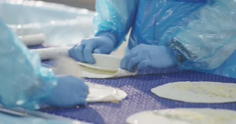 Gloved hands rolling filled wraps on a production belt, Food Factory Stock Footage 340035984
