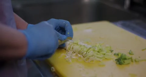 Gloved Hands Slicing Leek on Cutting Board, Commercial Kitchen, Close Up Stock Footage 340365195