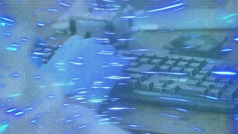 Gloved hands starting typing shifting keys pausing returning as blue streaks Stock Footage 332978489