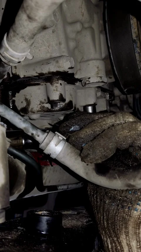 Gloved hands use socket wrench to tighten car undercarriage bolt Stock Footage 336560314