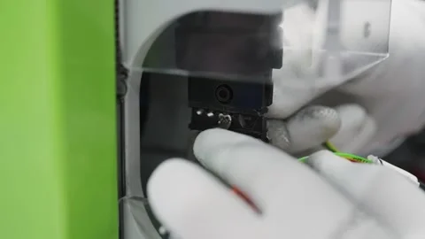Gloved hands worker work precisely with cables crimping machinery in a high-t Stock Footage 319503815