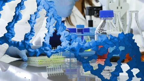 Gloved lab tech pressing pipette filling wells while DNA helix framing camera Stock Footage 335761704