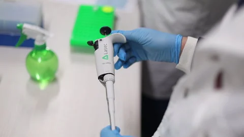 Gloved laboratory technician student examines pipette tech equipment Stock Footage 302191136