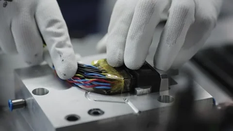 Gloved operator hand organizing and assembling a bundle of colorful wire cabl 動画素材 308657150