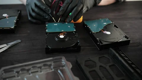 Gloved Repair Specialist Hands Checking Broken Hard Disk Drive During Data Stock Footage 341579339