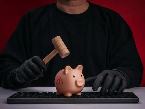 Gloved scammer or hacker raises a mallet above warning-marked piggy bank on.. Stock Photos