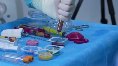 Gloved surgeon's hands carefully preparing platelet-rich plasma prp on a sterile Stock-Footage 345682181