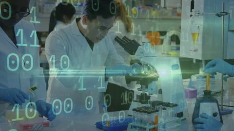 Gloved team arranging tubes, microscopist adjusting slide, binary overlay Stock Footage 335235065