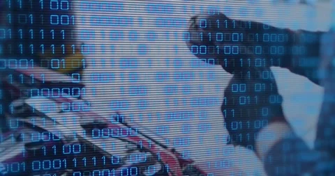 Gloved tech reaching into red panel, checking parts while binary data running Stock Footage 329946407