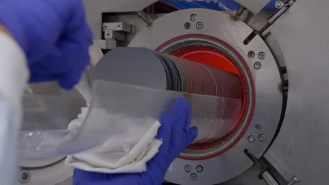 Gloved technician loading a stack of silicon wafers into a heated semiconductor Stock Footage 325869593