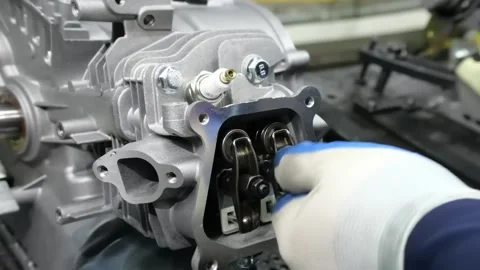 Gloved Worker Adjusting Engine Valve Rocker Arms on Cylinder Head Vídeos de archivo 348591071