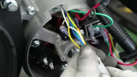 Gloved worker connecting generator wires to rectifier terminals Stockbeeldmateriaal 348591122