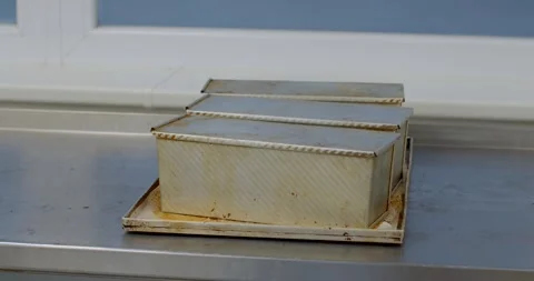 Gloved worker handles loaf pans on stainless countertop in commercial bakery Stock Footage 344597950
