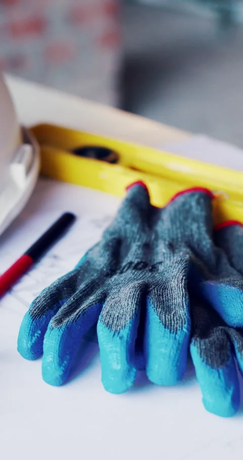 Gloves, construction and blueprint on table with safety documents, architecture Stock Footage 336844411