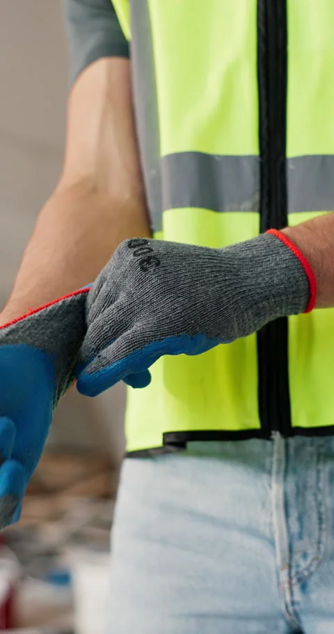 Gloves, construction and hands of man on site for building safety, engineer and Stock Footage 347349719