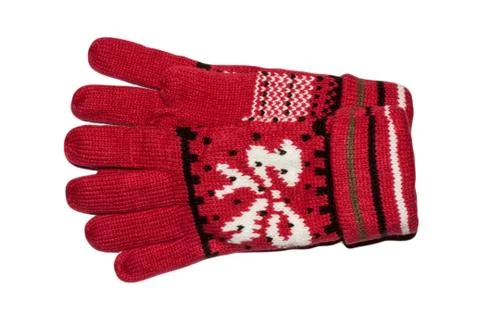 Gloves knitted with pattern isolated on white background. Stock Photos
