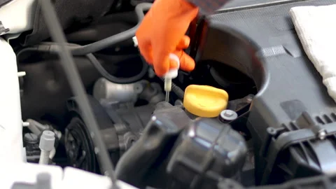 Gloves mechanic man checking car engine oil with dipstick Stock-Footage 318086564
