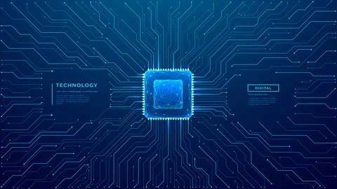 Gloving computer chip in the center. Abstract digital tech bg. 스톡 일러스트