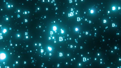 Glow bitcoin flies towards the camera on the dark black background Stock Footage 143971179