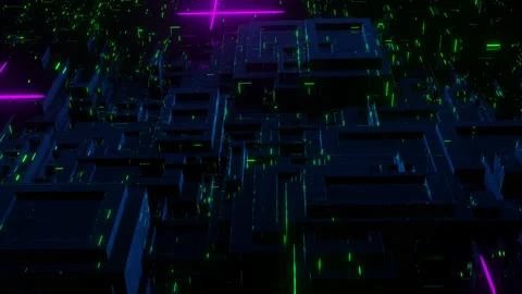 Glow blocks glitch 3d dark blue green purple rays Stock Footage 163464971