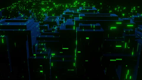 Glow blocks glitch 3d dark blue green Stock Footage 163465157