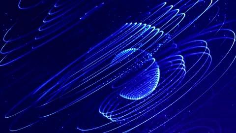 Glow blue particles form lines, surfaces, complex round structures in smooth Stock Footage 136410944