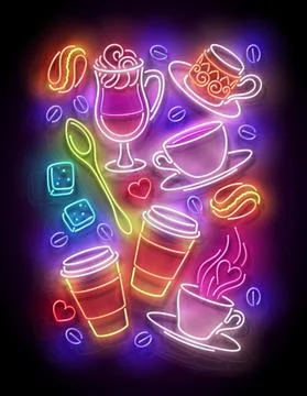 Glow Cups with Different Coffee Illustrazione stock