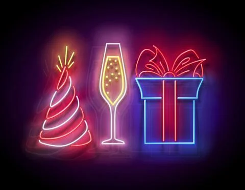 Glow Gift Box with Beautiful Bow, Champagne and Holiday Hat Illustrazione stock