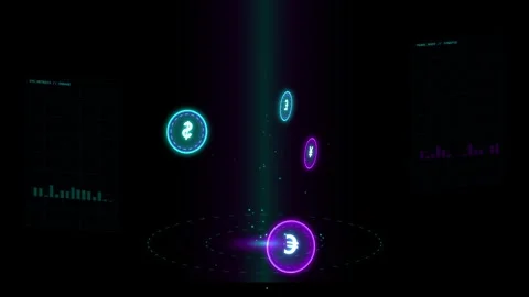 Glow global currency coins rotating on digital platform with tech charts lo.. Stock Footage 344835387