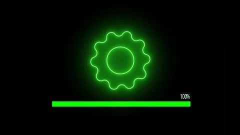 Glow green color completed loading bar and gear wheel on black background Stock Illustration