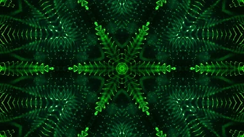 Glow green particles form lines, surfaces, star pattern, kaleidoscope structures Stock Footage 136404280
