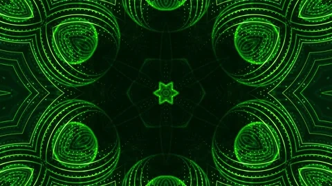 Glow green particles form lines, surfaces, star pattern, kaleidoscope structures Stock Footage 136404877