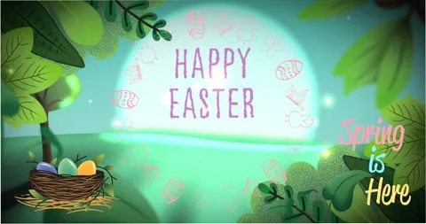 Glow growing, revealing HAPPY EASTER text, sparks drifting, doodles moving Stock Footage 330620179