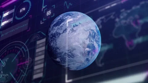 Glow initiating digital globe rotating to center while dashboard gauges updating Stock Footage 328657072
