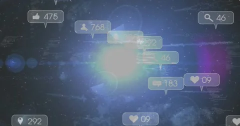 Glow intensifying around central orb streaming code, social icons orbiting, Stock Footage 327394187