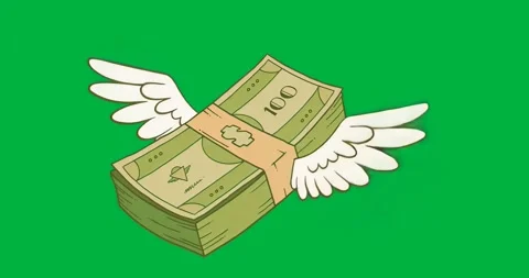 Glow intensifying triggers money bundle with wings flapping to symbolize flight Stock Footage 317212434