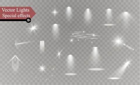 Glow isolated white transparent light effect set, lens flare, explosion, glitter Stock Illustration