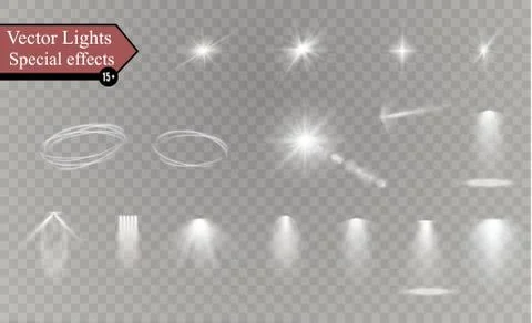 Glow isolated white transparent light effect set, lens flare, explosion, glitter Stock Illustration