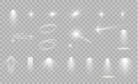 Glow isolated white transparent light effect set, lens flare, explosion, glitter Stock Illustration