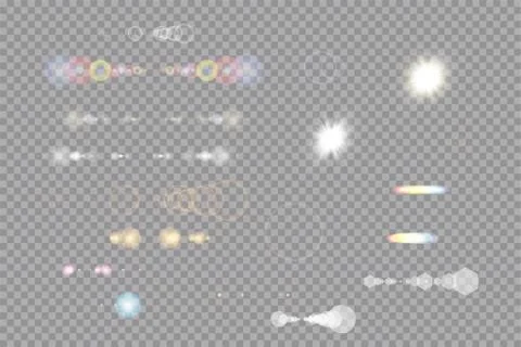 Glow isolated white transparent light effect set, lens flare, explosion, glitter Stockillustratie