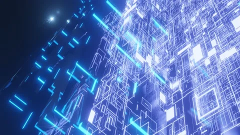 Glow line form pattern like sci-fi hologram. Fly through technology cyberspace Stock Footage 232631896