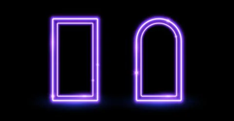 Glow neon rectangle and arch frames. Purple shining borders. Neon light portal Stock Illustration