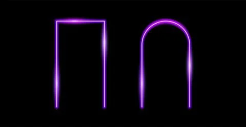 Glow neon rectangular and arch frames. Purple shining borders. Light portal Illustrazione stock