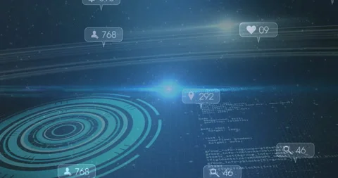 Glow pulsing initiating ring interface code streaming and social icons orbiting Stock Footage 313640030