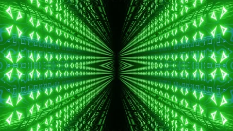 Glow sci fi symmetrical construction. Vj loop trendy neon tunnel. hi tech neon Video stock 228652044