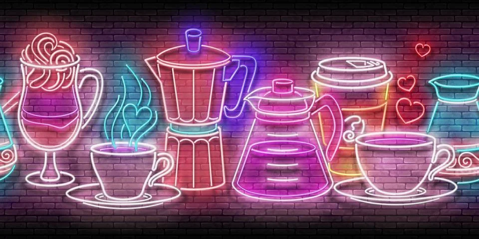 Glow Seamless Pattern with Different Types of Coffee Stock Illustration