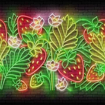 Glow Seamless Pattern with Strawberry Bush and Flowers Stock Illustration