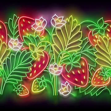 Glow Seamless Pattern with Strawberry Bush and Flowers Stock Illustration