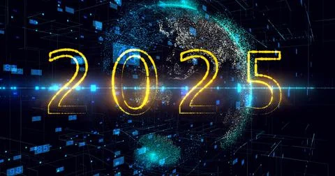 Glow title 2025. Modern logo, icon, banner. Concept of digital cyber new year Stock Illustration