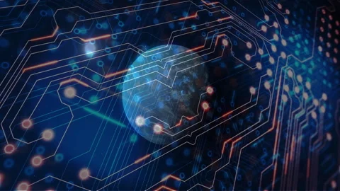 Glow-triggered blue sphere emerging, pulsing circuits and blinking nodes Stock Footage 311506248